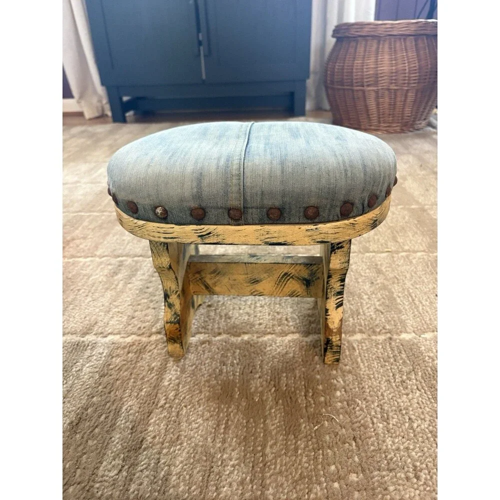 Rustic Distressed Wood Footstool Blue Denim Upholstered Nailhead Farmhouse 11